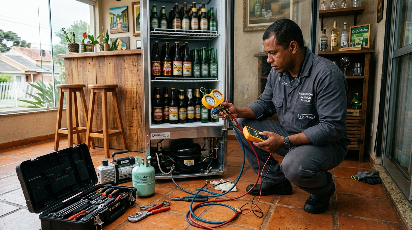 Técnico realizando manutenção de motor de cervejeira em Belém‑PA