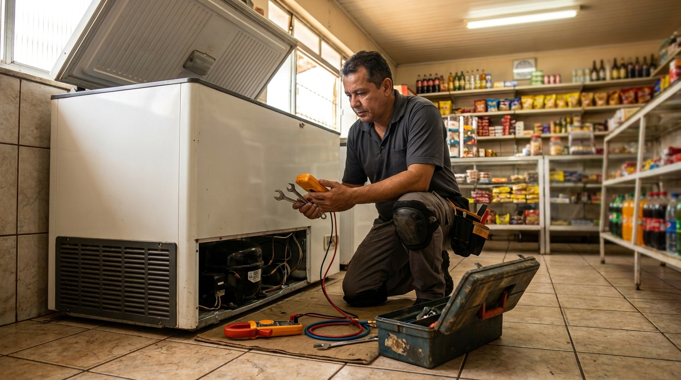 Técnico realizando manutenção de motor de freezer em Belém‑PA